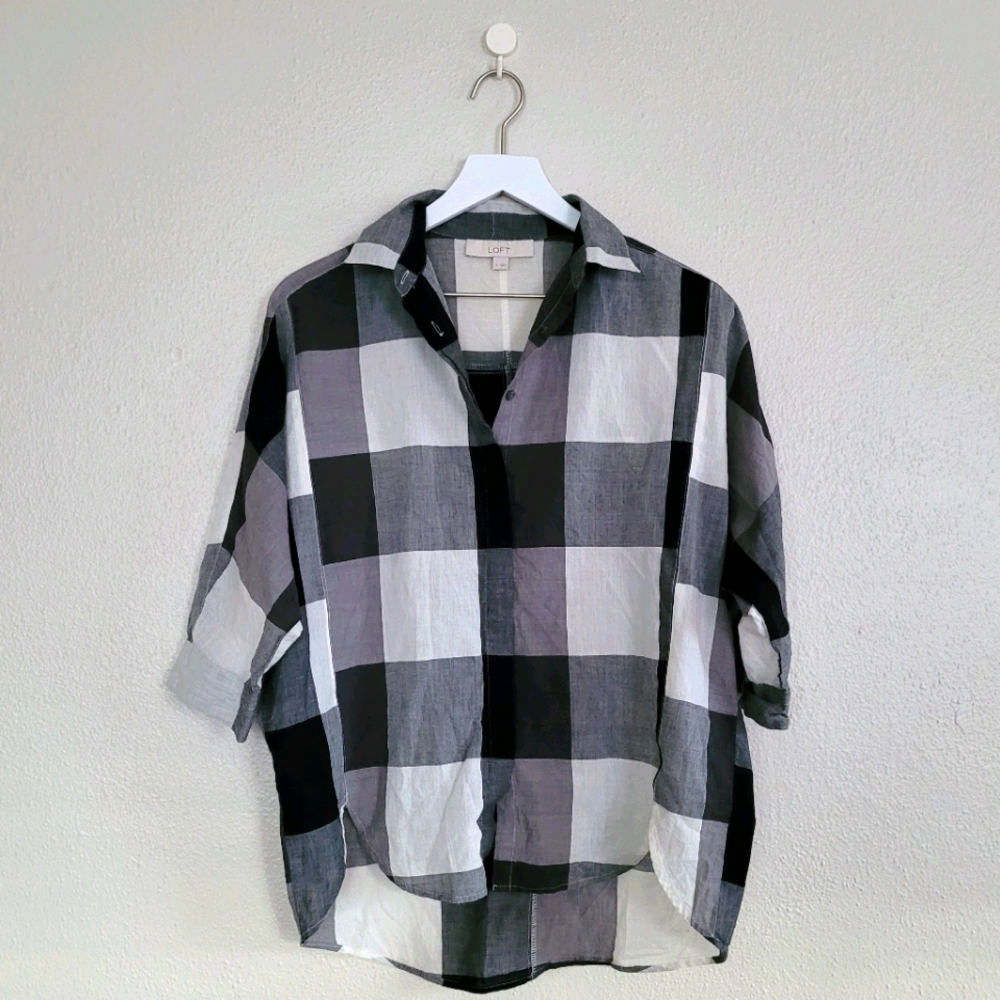 Loft | B/W Oversized Gingham Dolman Sleeve Button